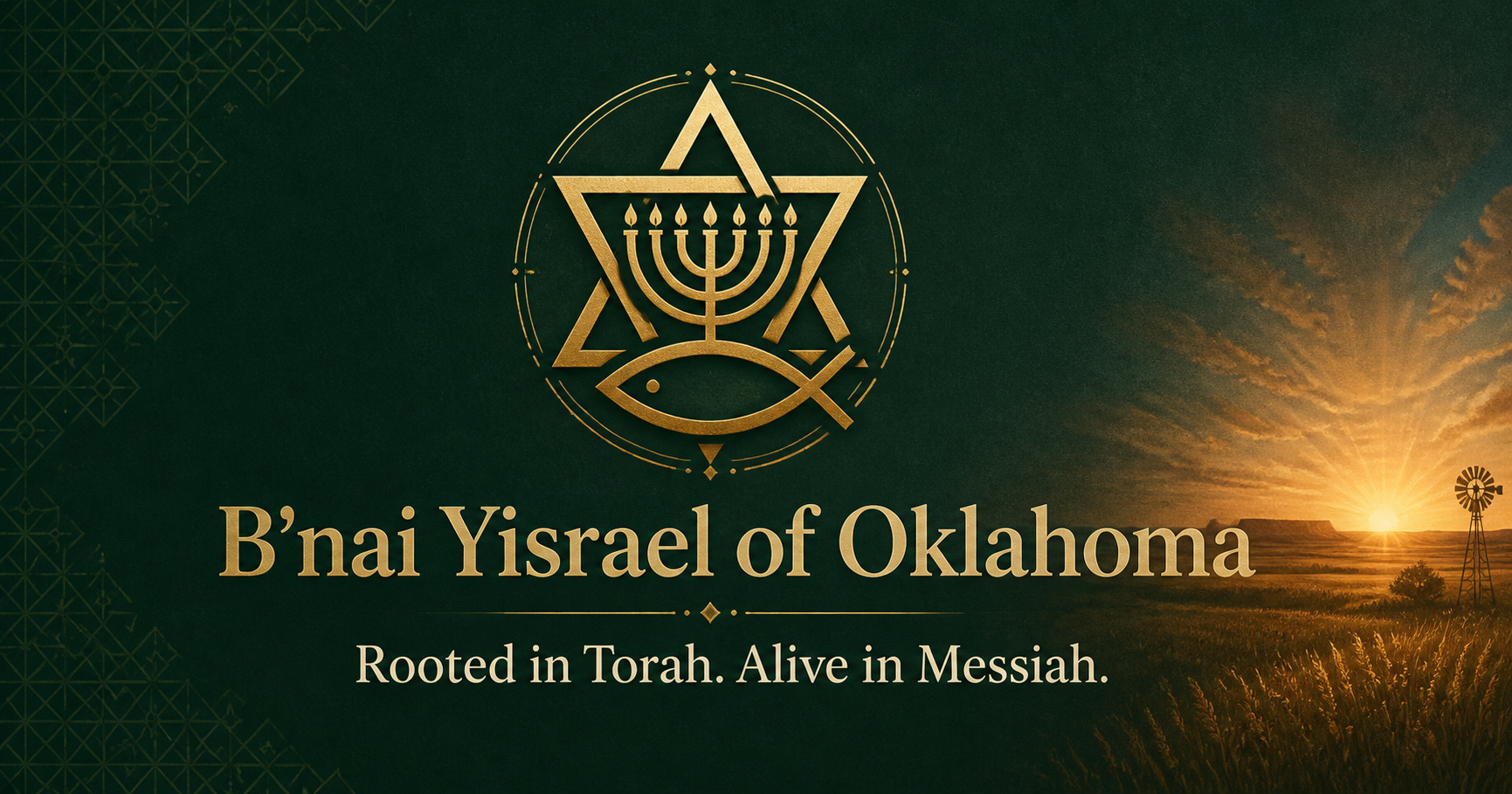 B’nai Yisrael of Oklahoma emblem over an Oklahoma prairie sunrise